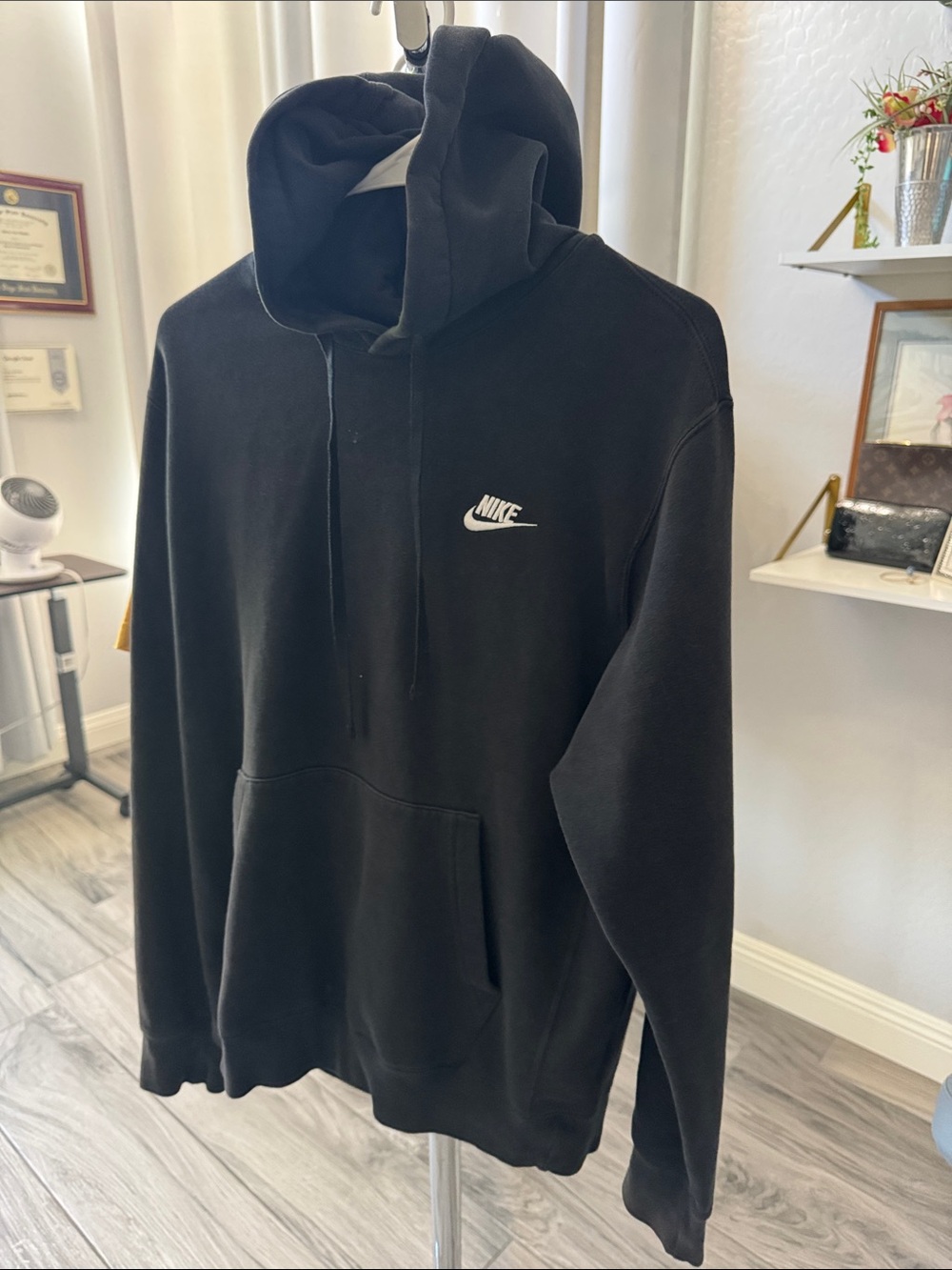 Nike Black Hoodie with White Swoosh Logo Medium